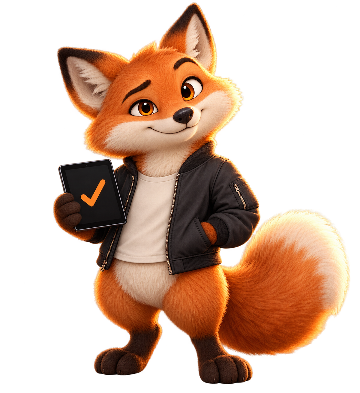 Маскот Foxflow: рыжий лис с доброй хитрой улыбкой и планшетом